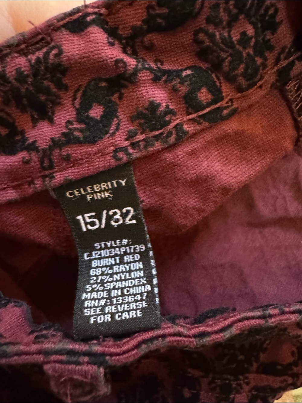 Celebrity Pink 15/32 Burnt Red Black Flocked Damask Skinny Pants Goth - Picture 3 of 10